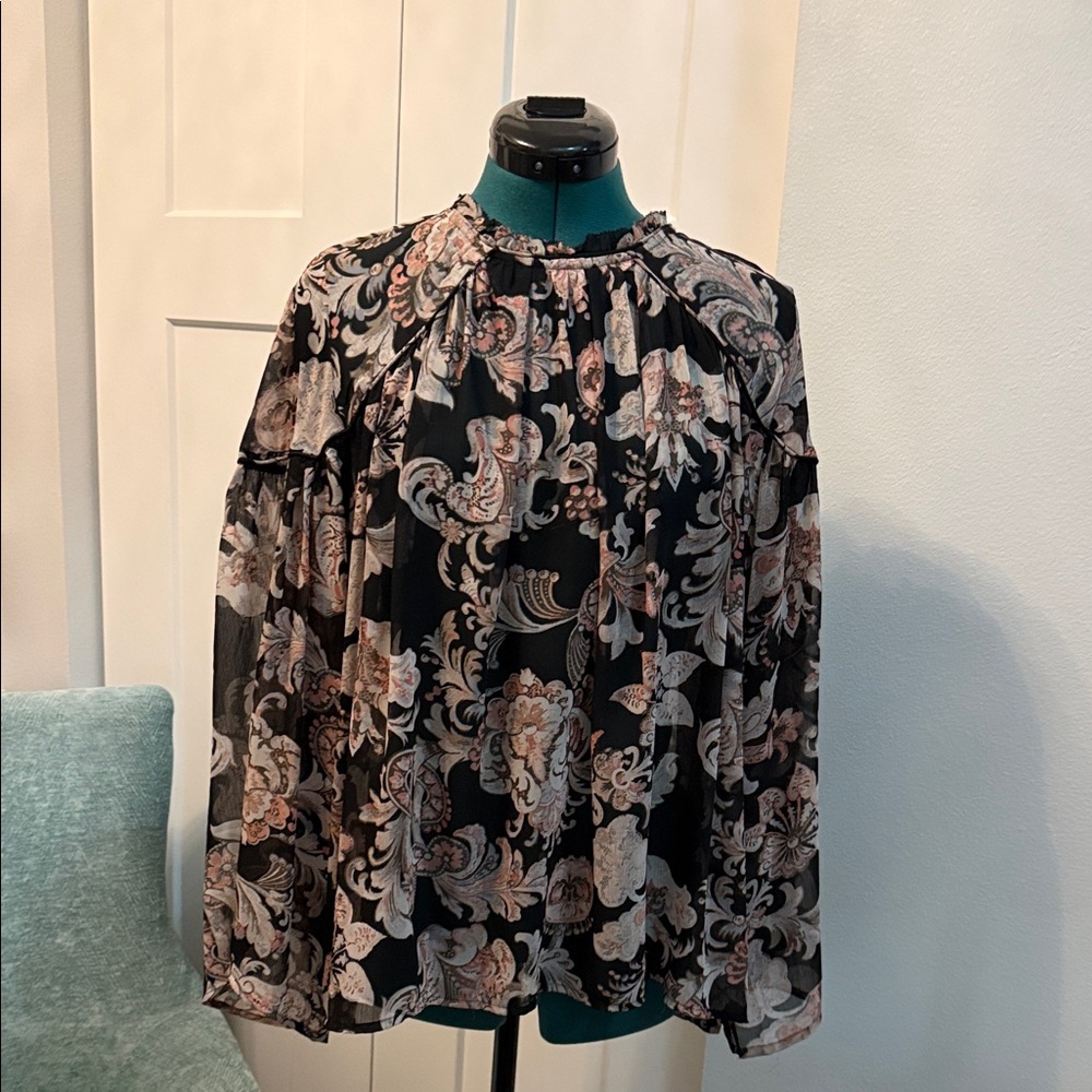 LOFT Black and Cream Floral Blouse